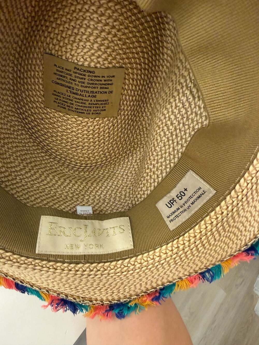 Eric Javits Straw Fedora Hat with Multicolor Pom Pom Trim - Picture 5 of 6